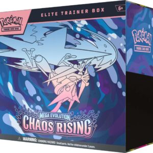 Chaos Rising Elite Trainer Box featuring exclusive Pokémon TCG accessories, booster packs, and collector packaging