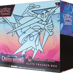 Chaos Rising Pokémon Center Elite Trainer Box featuring exclusive Pokémon TCG accessories, booster packs, and premium collector packaging