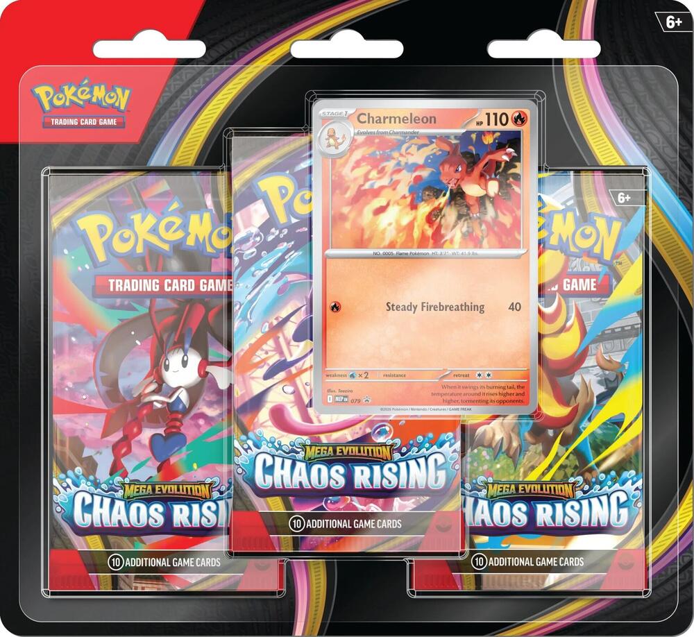 Chaos Rising 3 Pack Blister Chaos Rising 3 Pack Blister featuring three Pokémon TCG booster packs and an exclusive promotional card