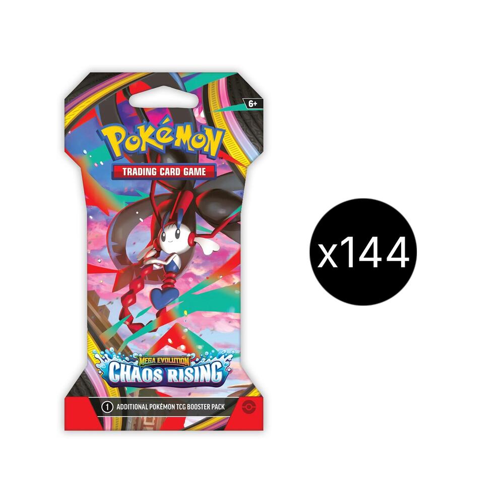 Chaos Rising Sleeved Booster Case Chaos Rising Sleeved Booster Case containing multiple sleeved booster packs from the latest Pokémon TCG expansion.